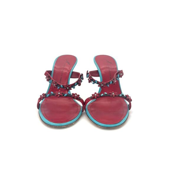 Vintage Giuseppe Zanotti Red Turquoise Floral Embellished Mules Sandals  37 - Picture 6 of 12